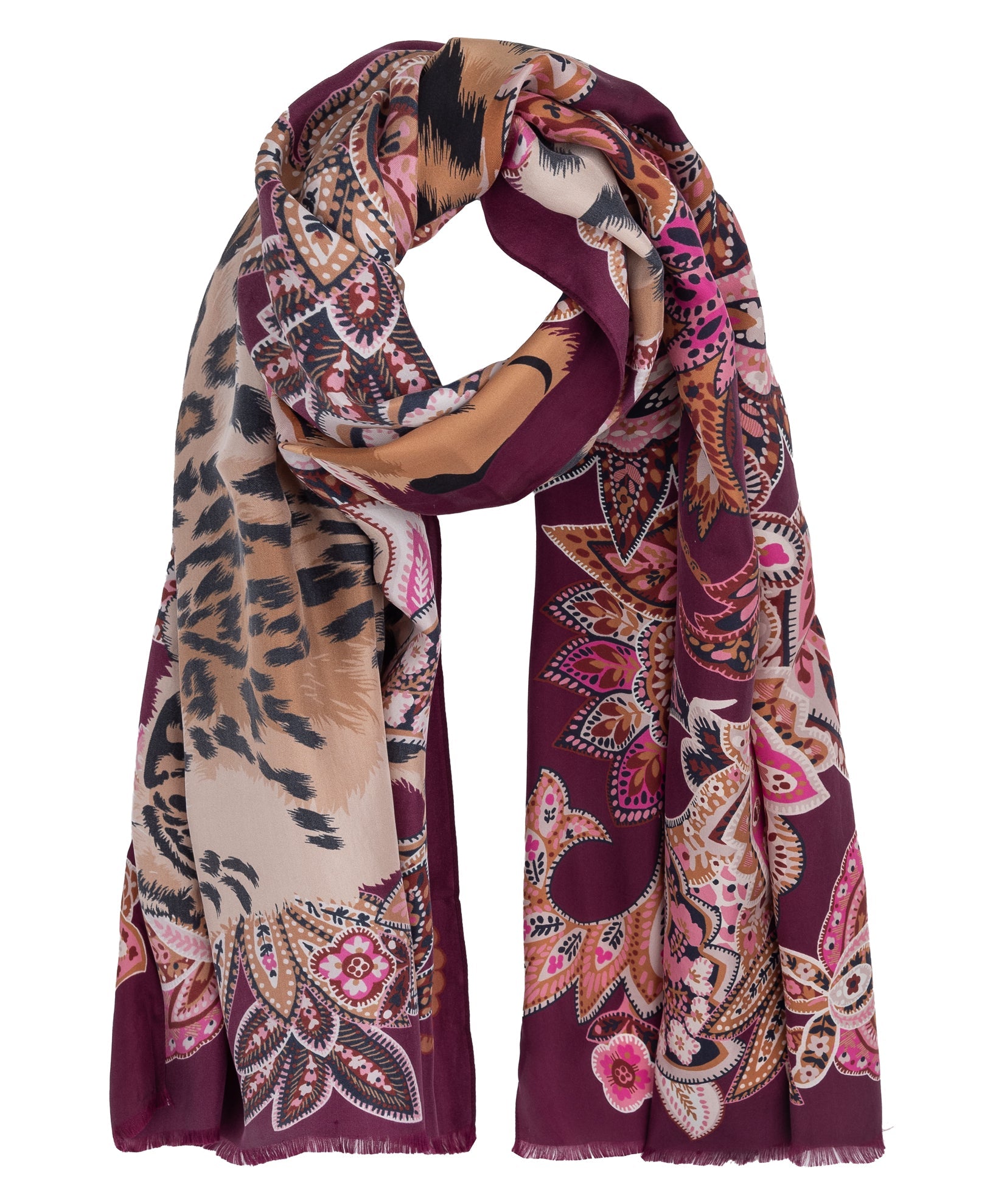 Snow Leopard Silk Wrap in color winter berry