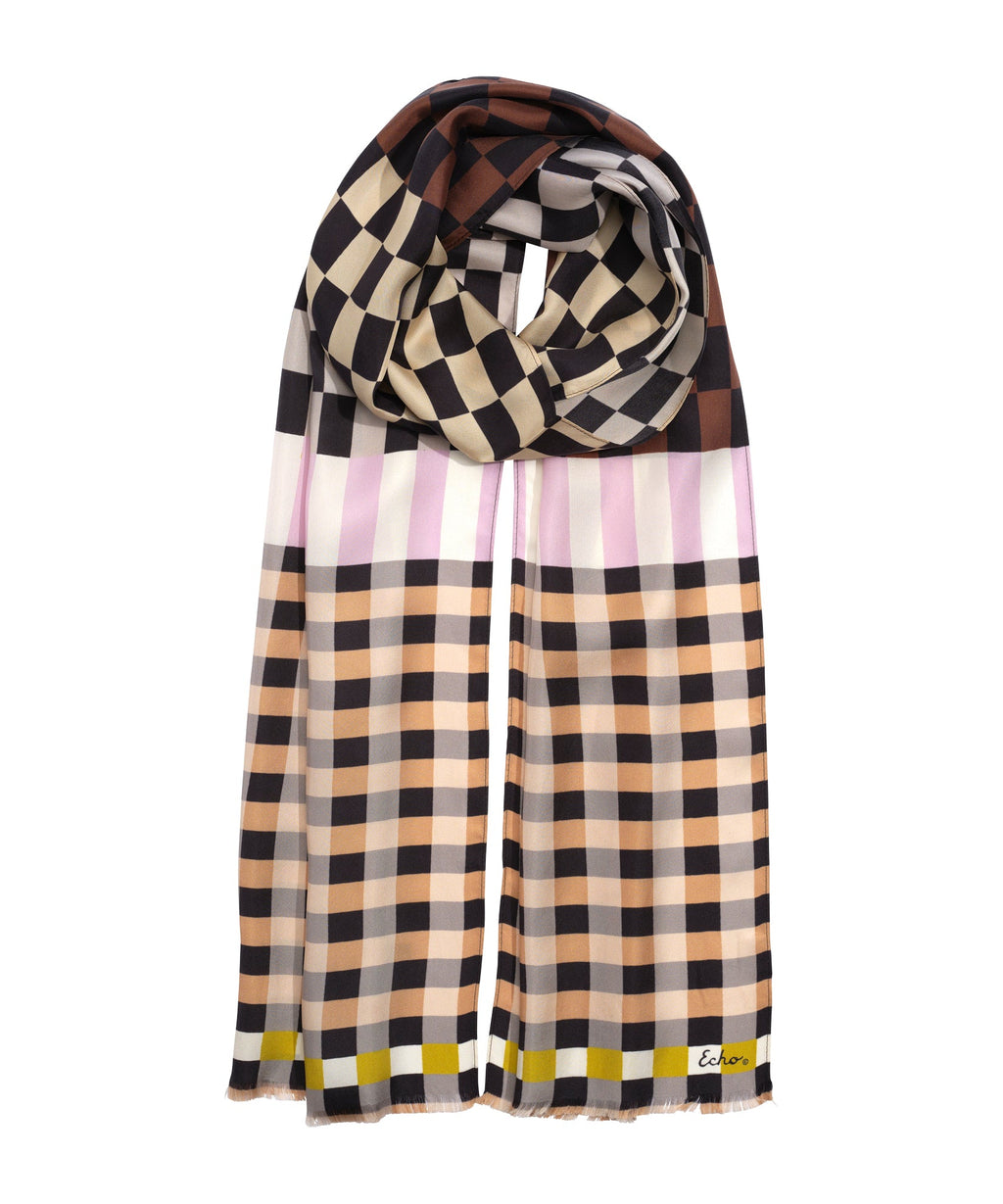 Checks Checks Silk Oblong Scarf in color black