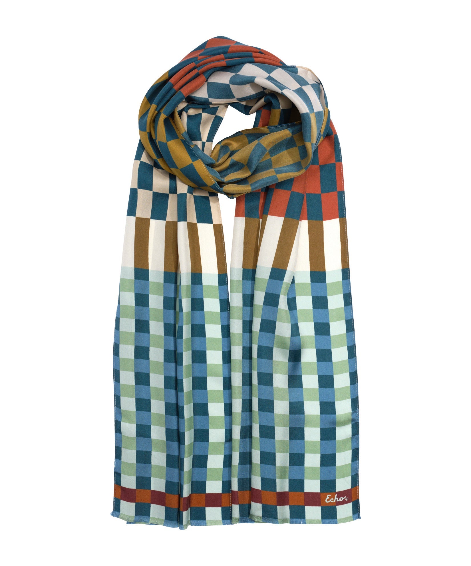 Checks Checks Silk Oblong Scarf in color olive