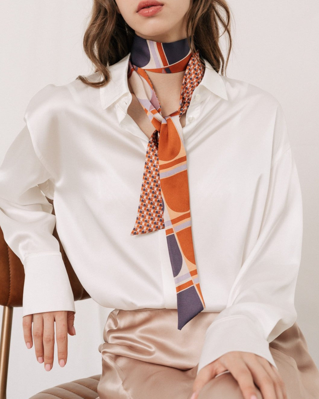 "Modular" Silk Skinny Scarf - Orange