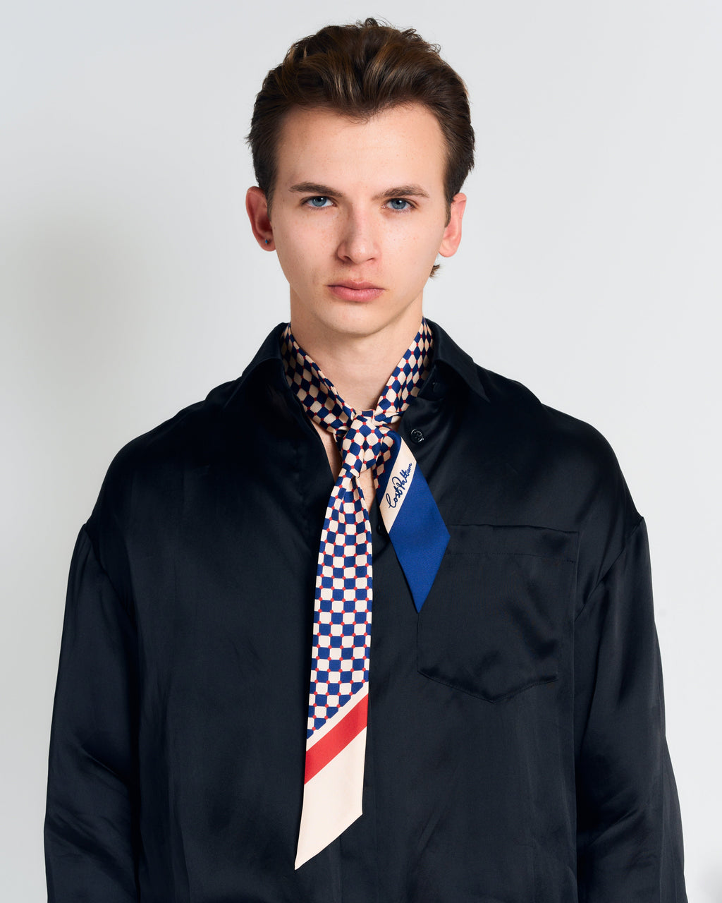 "Checkerboard" Silk Twill Skinny Scarf  - Blue