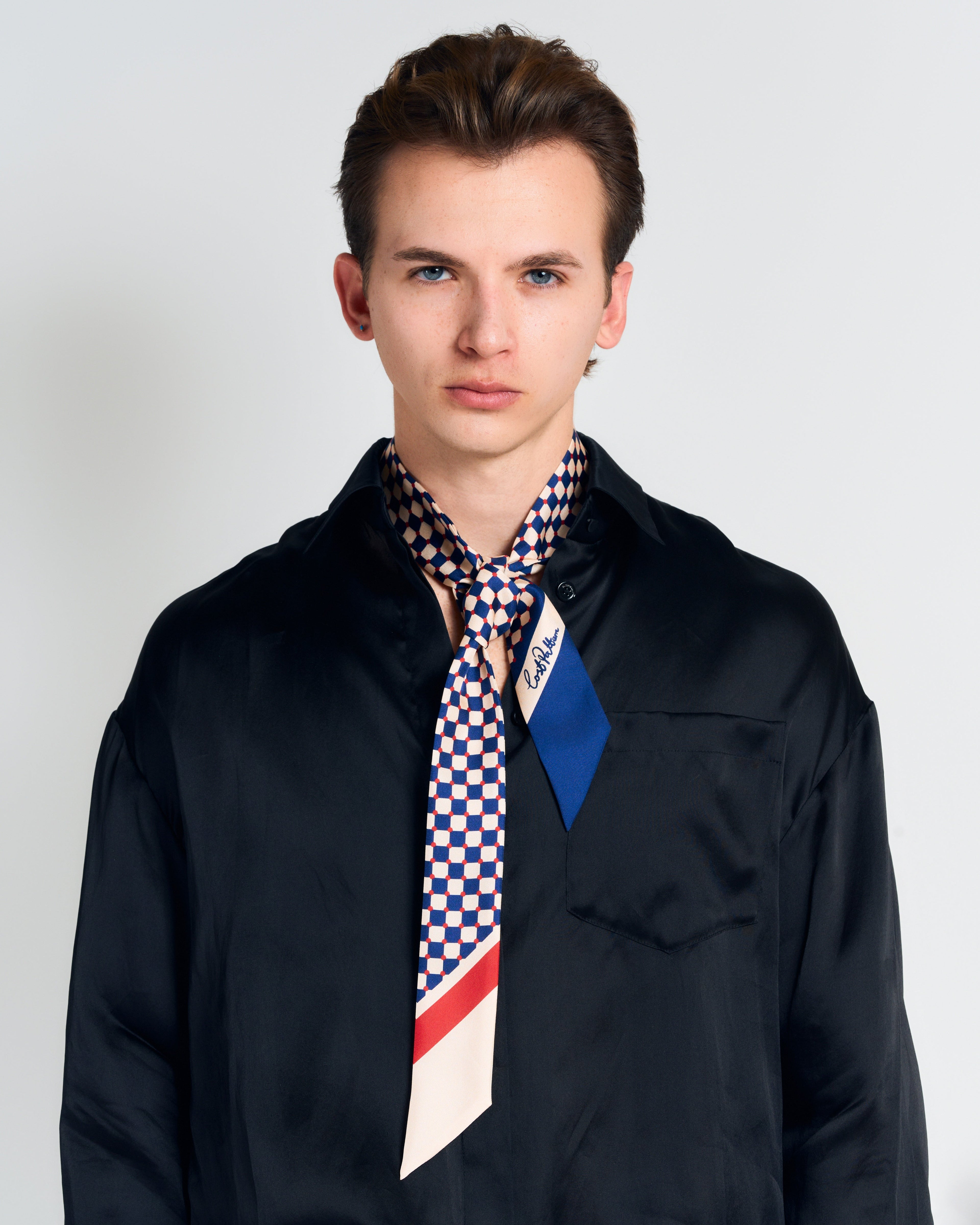 "Checkerboard" Silk Twill Skinny Scarf  - Blue