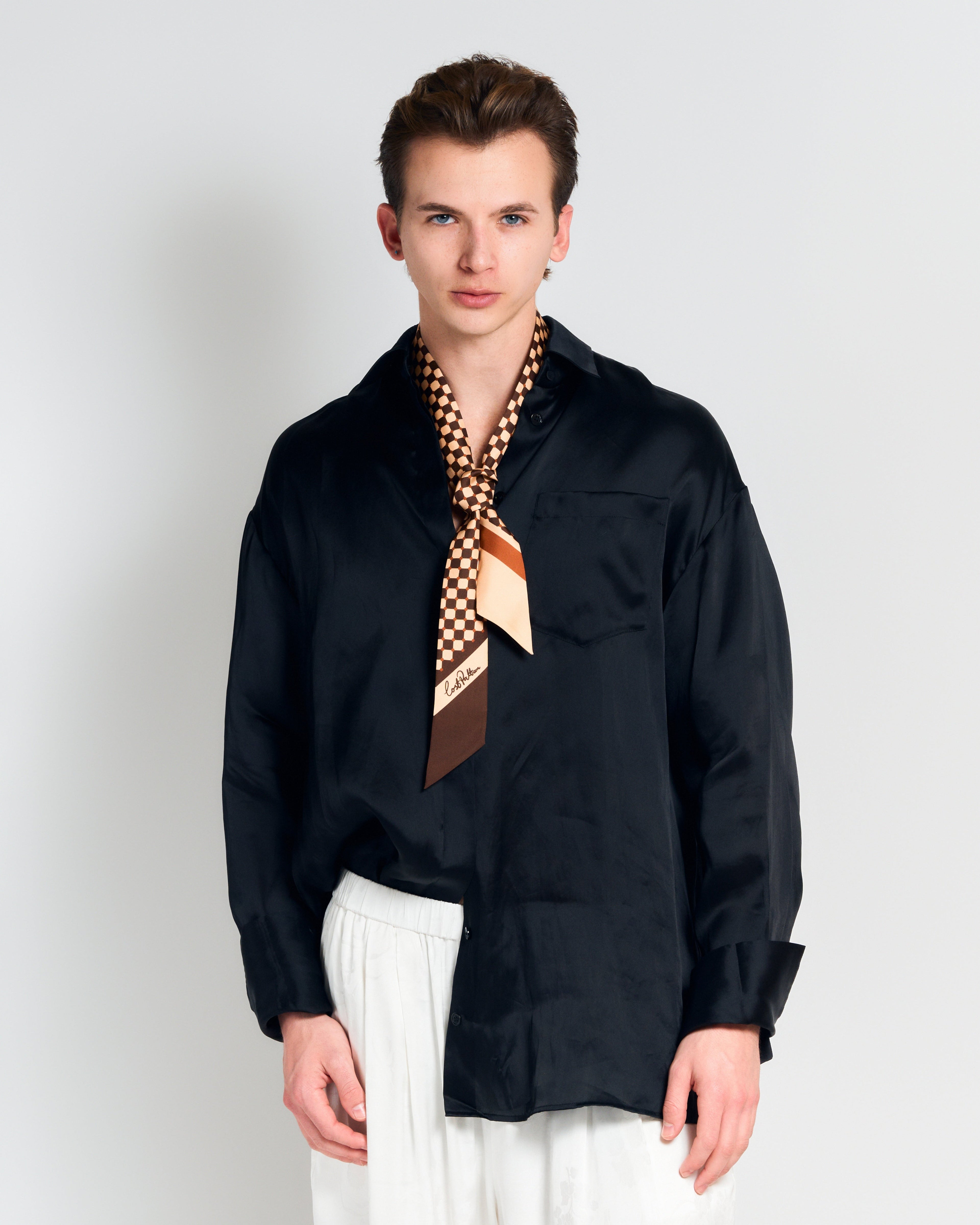 "Checkerboard" Silk Twill Skinny Scarf  - Coffee