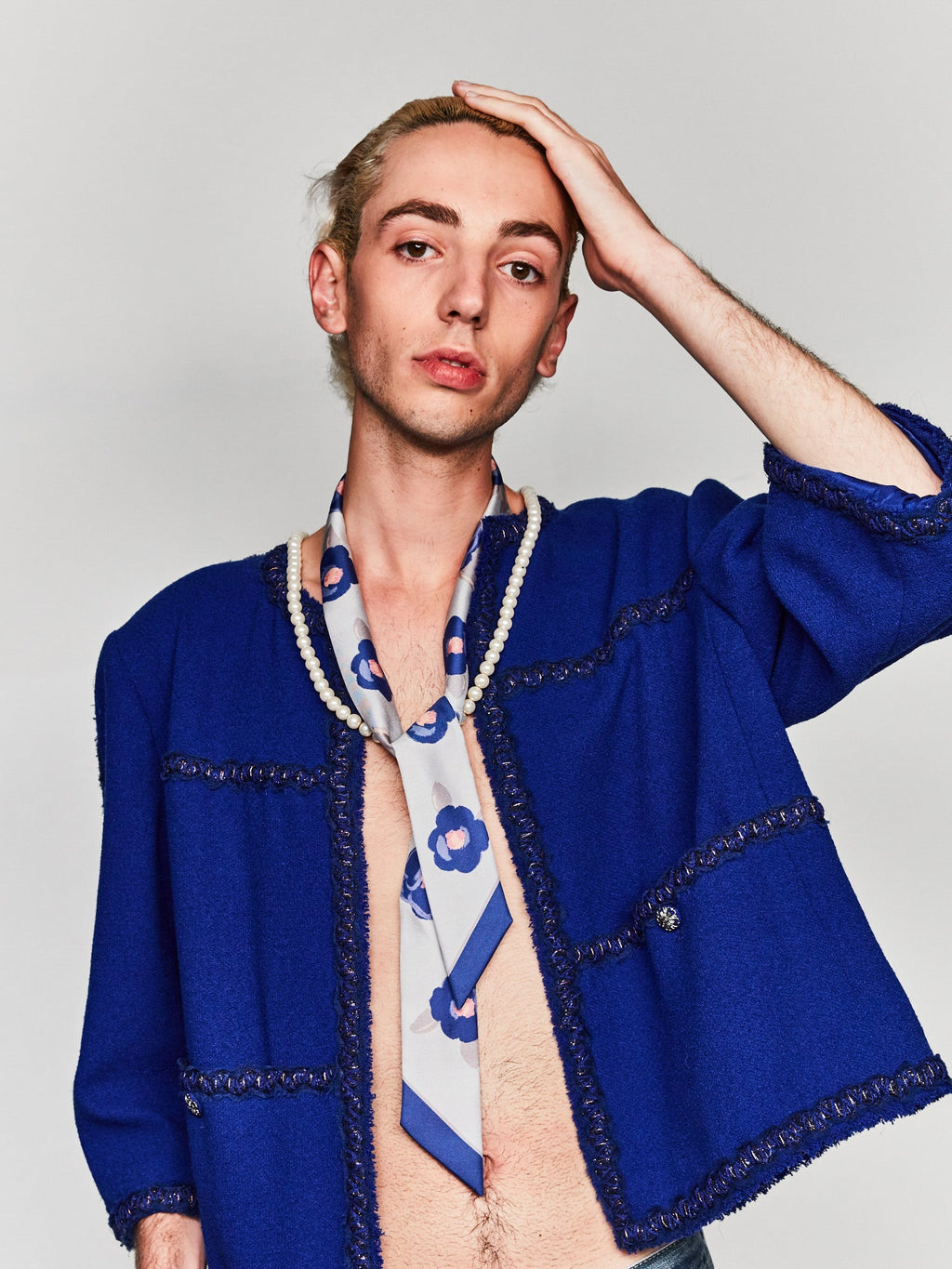 "Camellia" Silk Twill Skinny Scarf - Blue