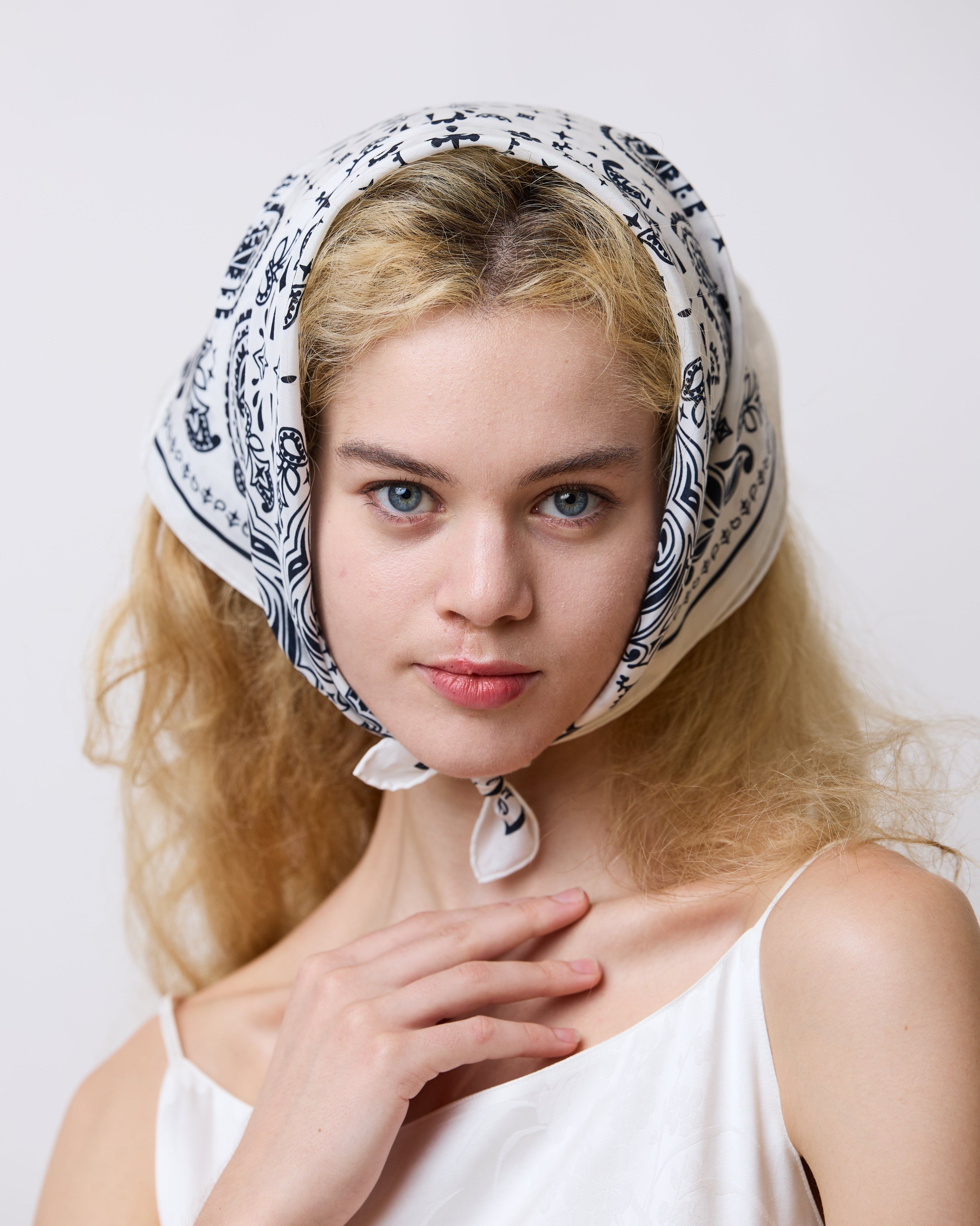 “Paisley" Silk Bandana Scarf - Moonlight White