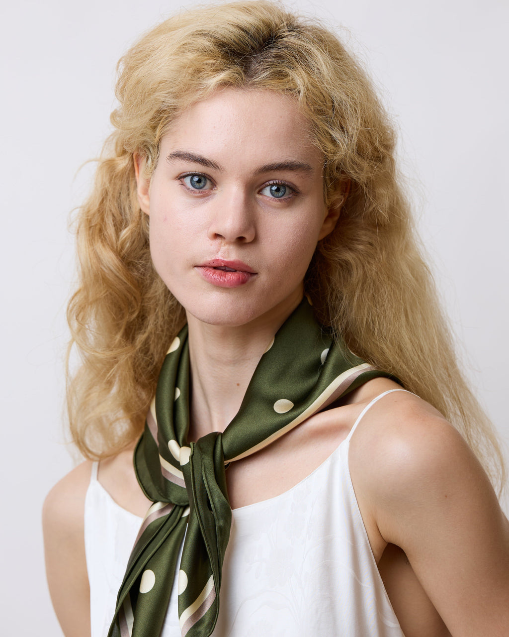 "Retro Polka" Silk Bandana Scarf - Matcha