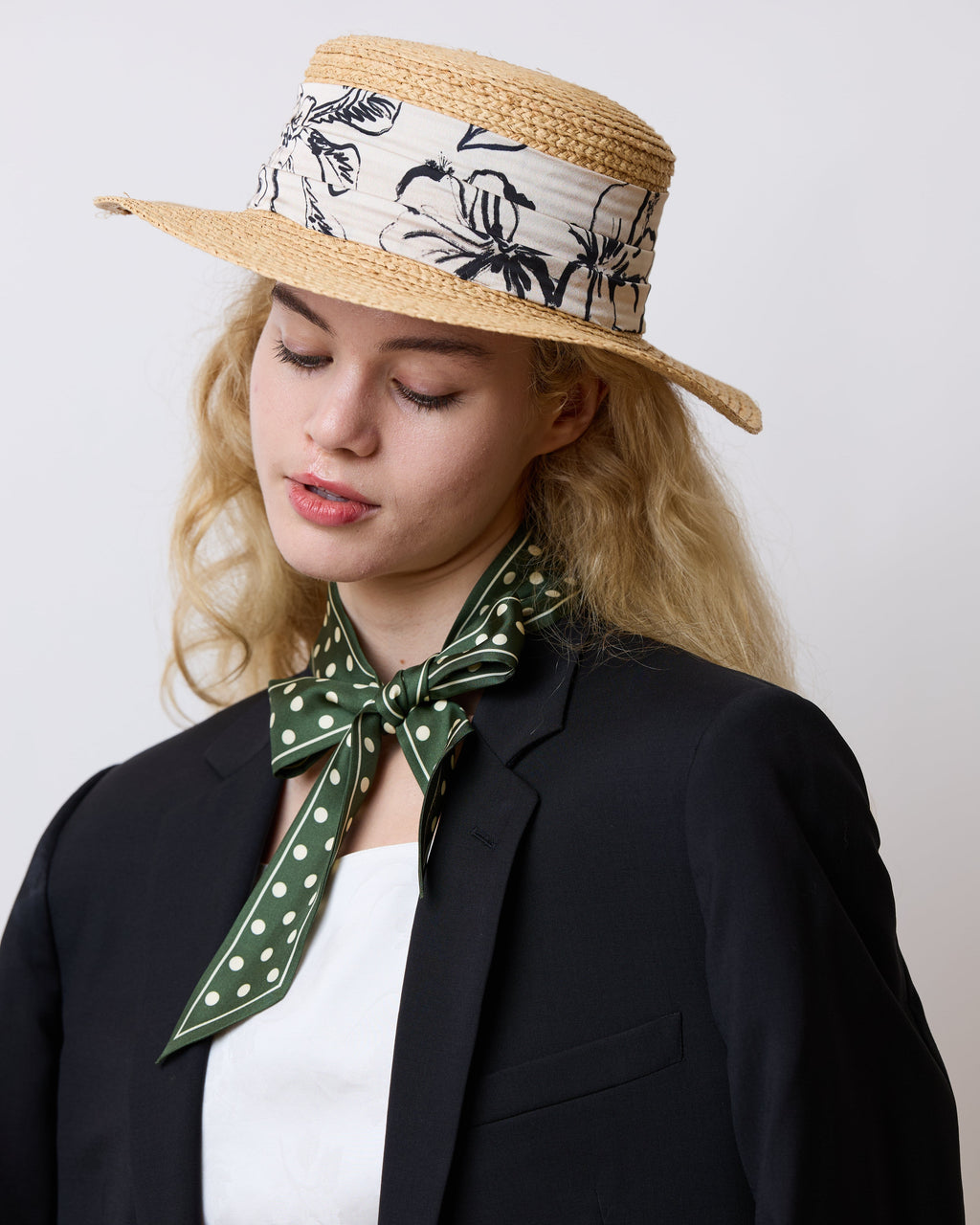 "Retro Polka" Silk Skinny Scarf - Dark Green