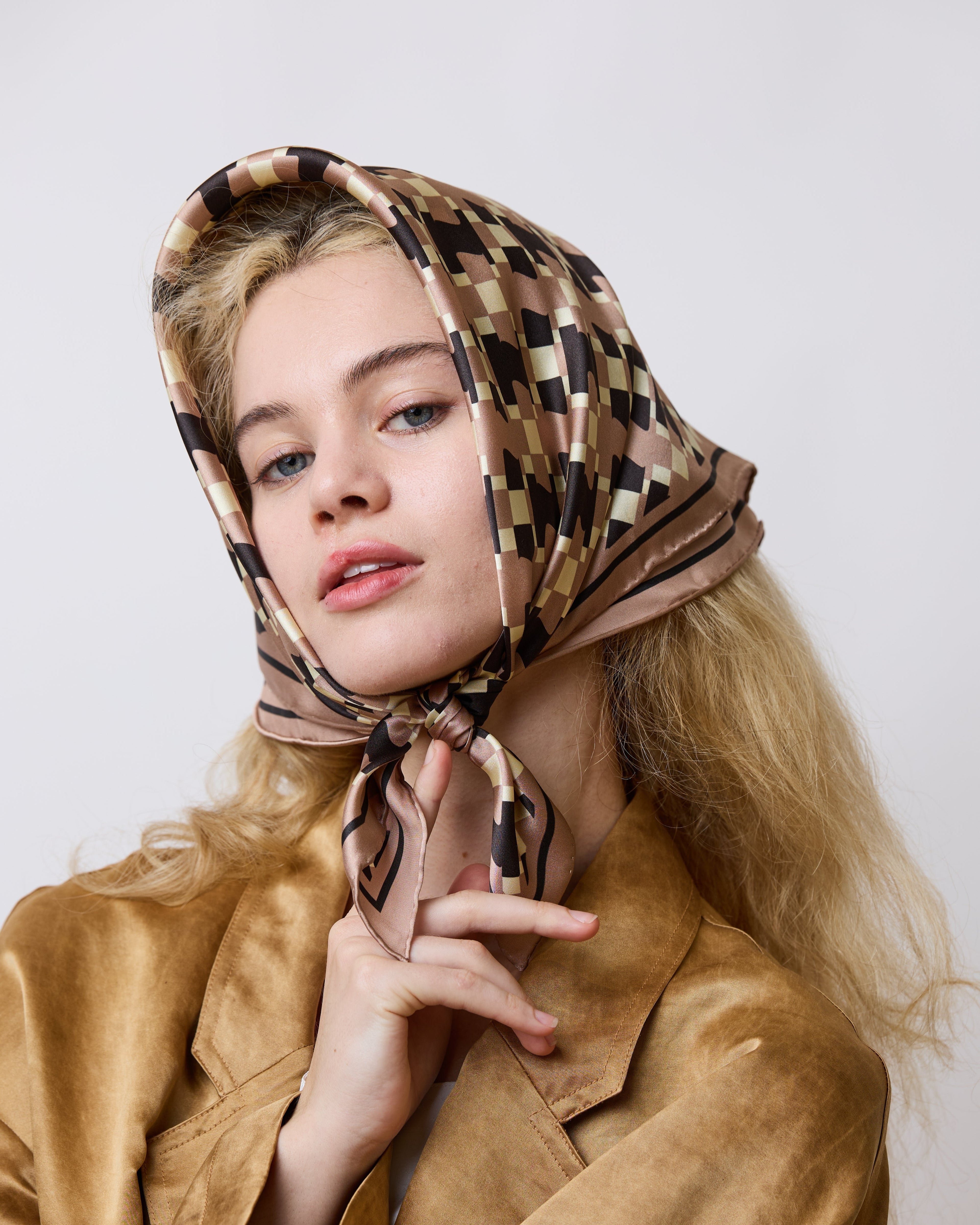“Houndstooth Moderne” Silk Bandana Scarf - Coffee
