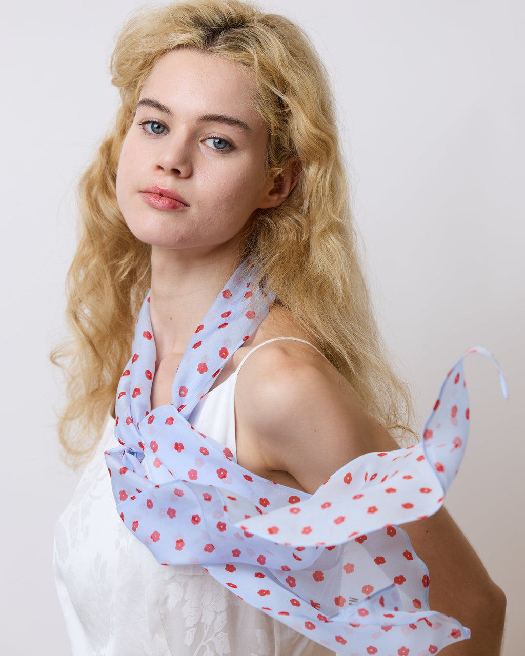 "Petal Veil" Silk Chiffon Neck Scarf - Blue