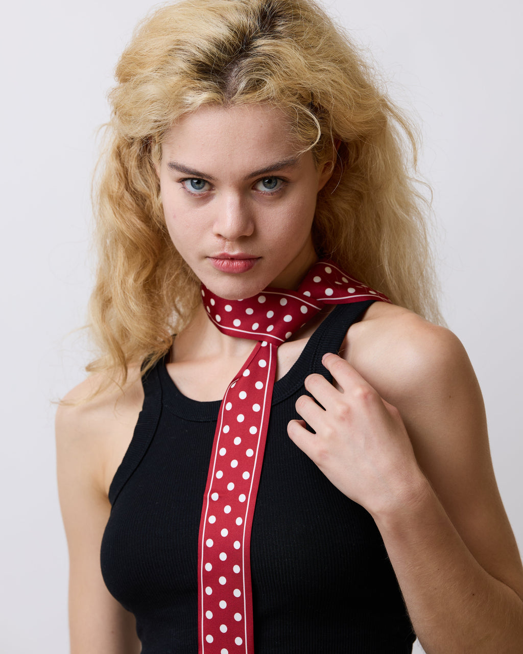 "Retro Polka" Silk Skinny Scarf - Burgundy