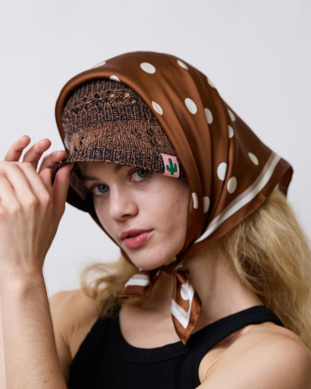 "Retro Polka" Silk Bandana Scarf - Cafe Au Lait