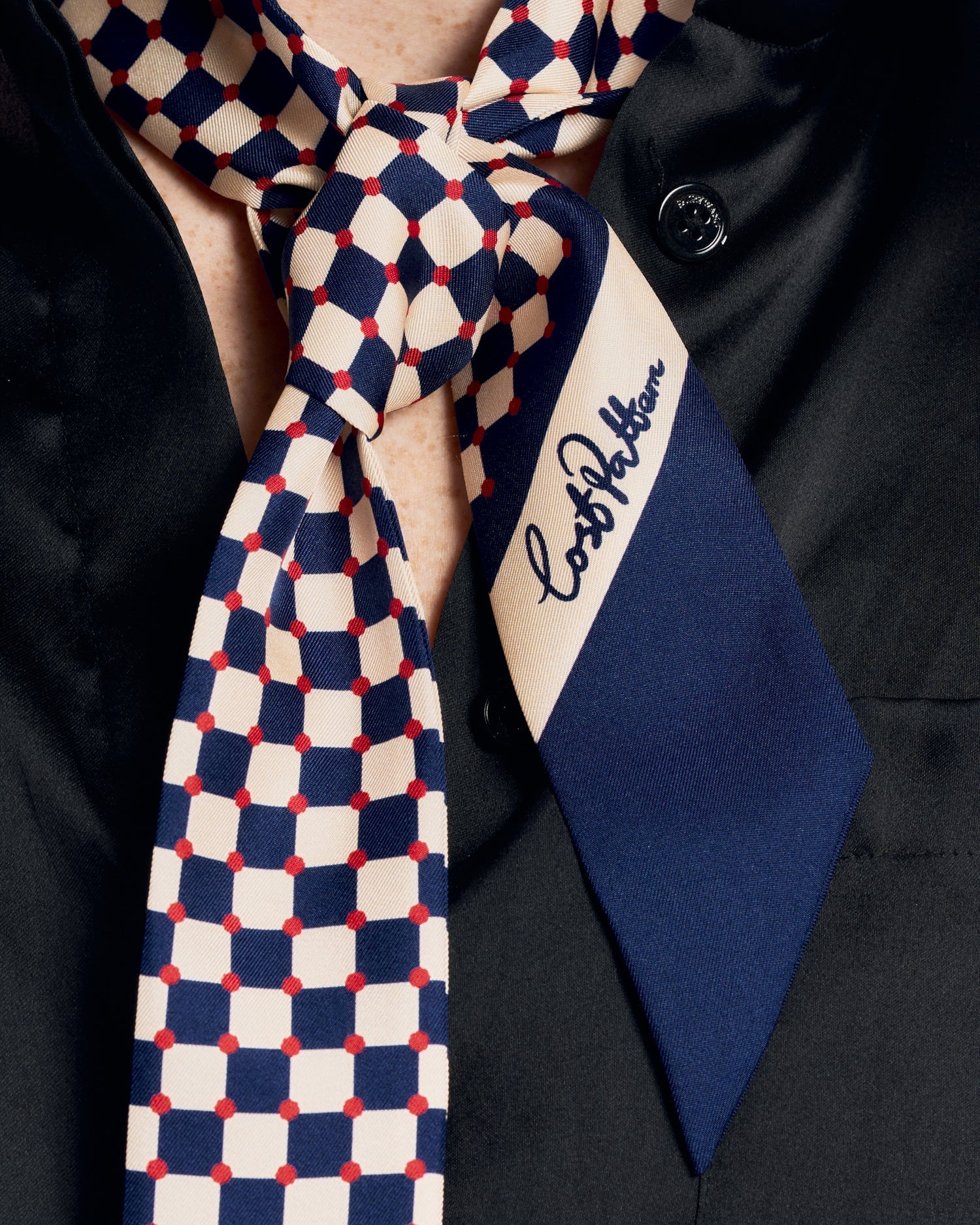 "Checkerboard" Silk Twill Skinny Scarf  - Blue