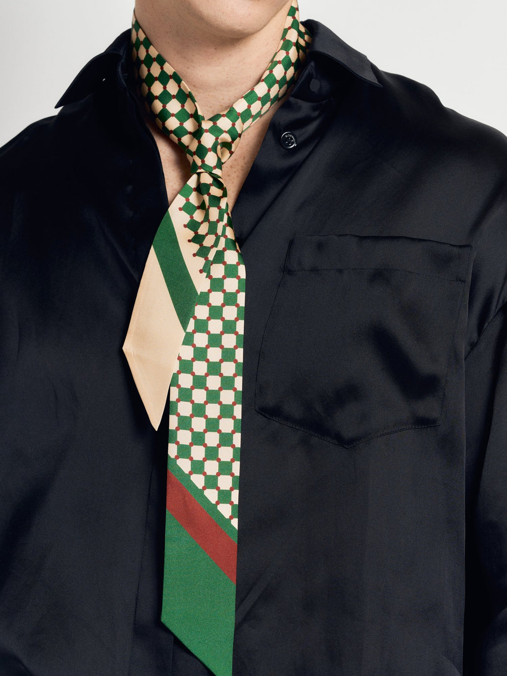 "Checkerboard" Silk Twill Skinny Scarf - Green