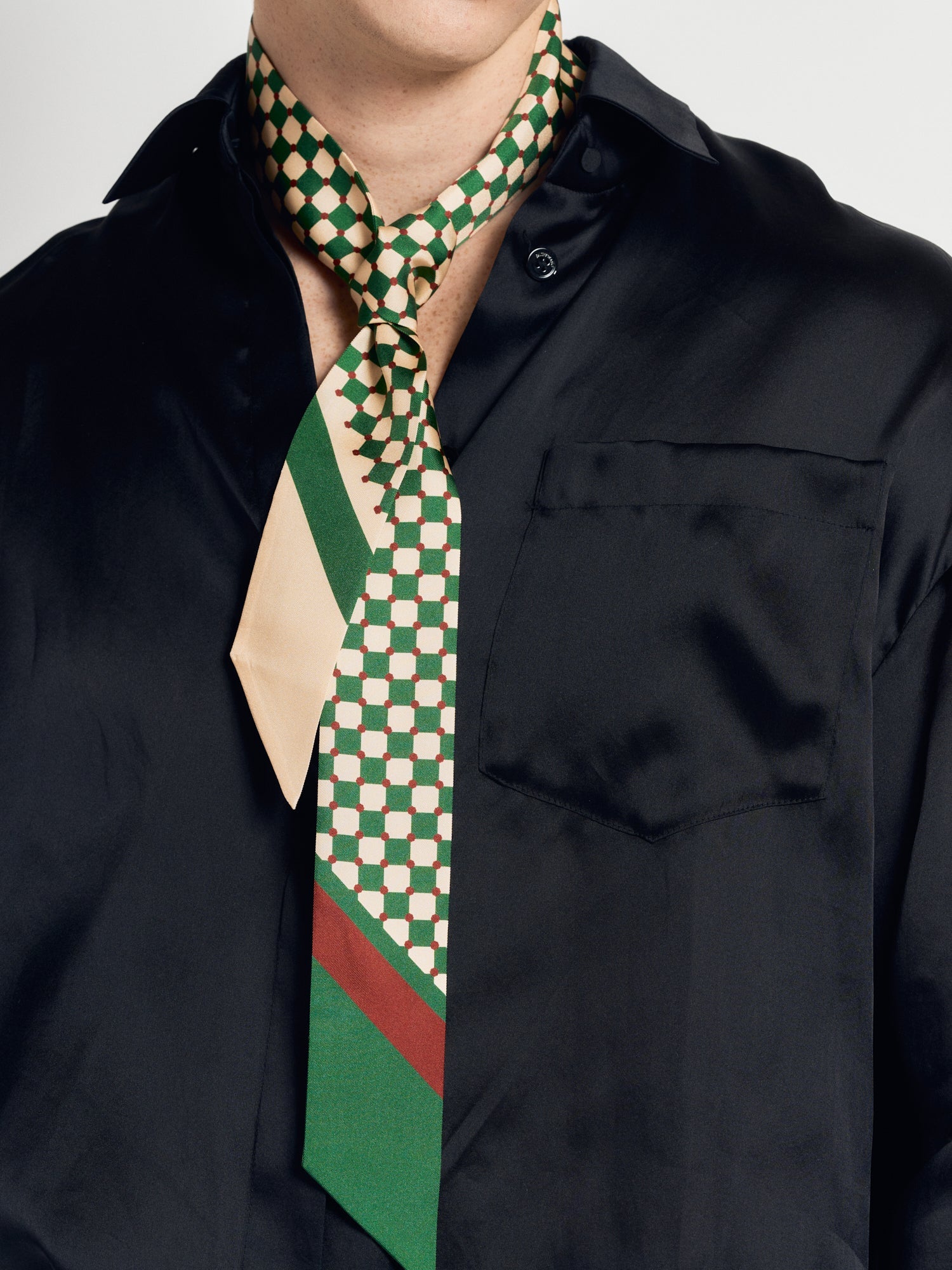 "Checkerboard" Silk Twill Skinny Scarf - Green