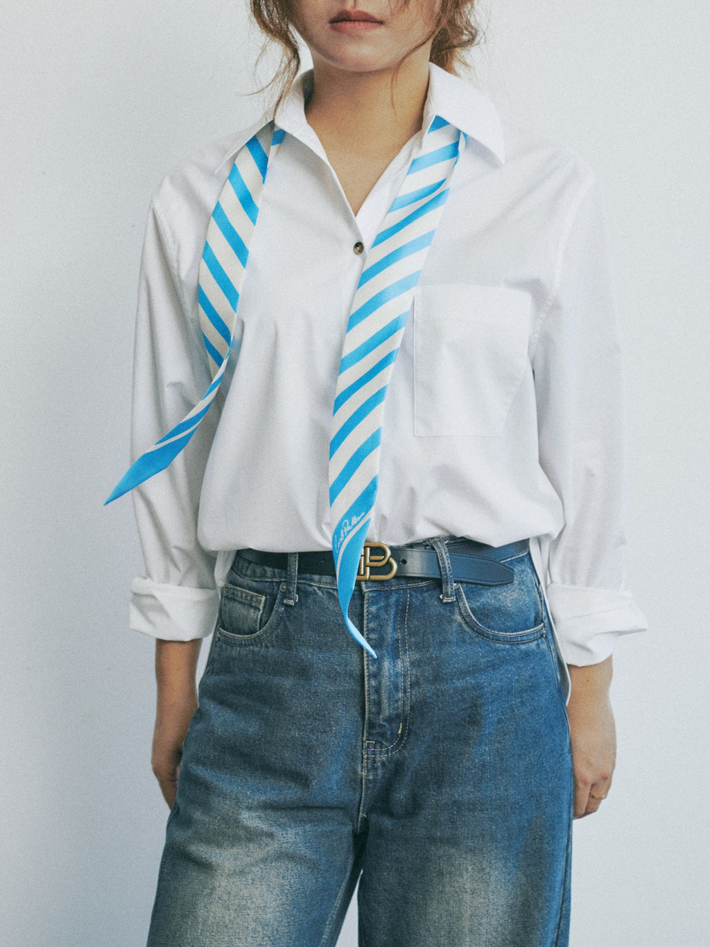 "La Marinière" Silk Skinny Scarf - Sky Blue