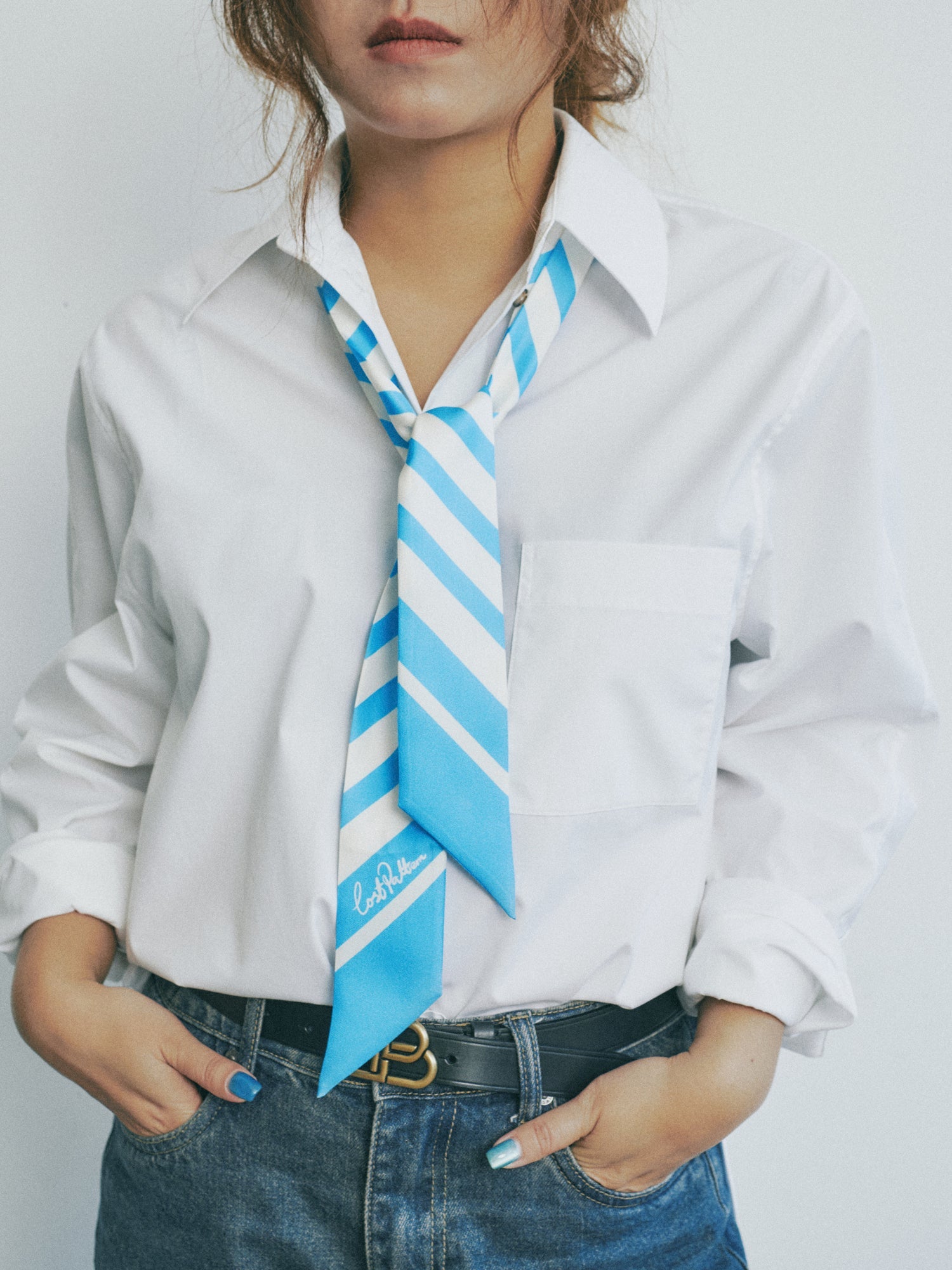 "La Marinière" Silk Skinny Scarf - Sky Blue