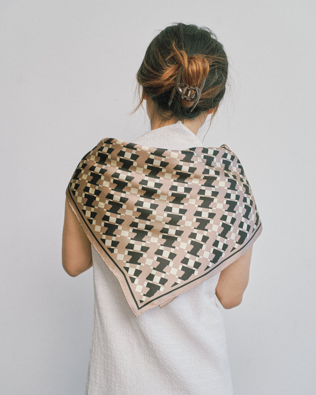 “Houndstooth Moderne” Silk Bandana Scarf - Coffee
