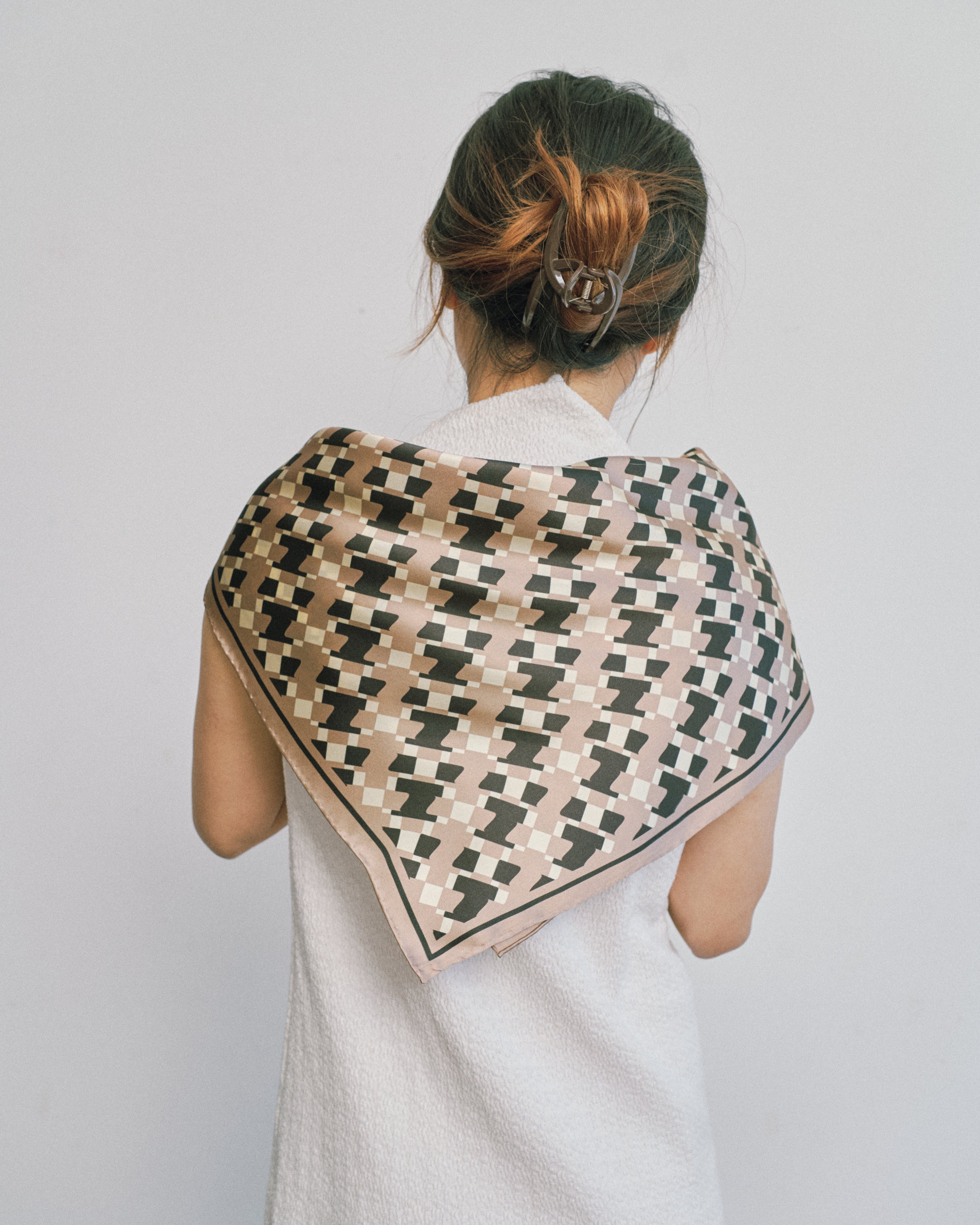 “Houndstooth Moderne” Silk Bandana Scarf - Coffee