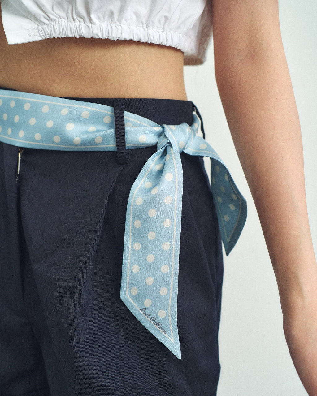 "Retro Polka" Silk Skinny Scarf - Baby Blue