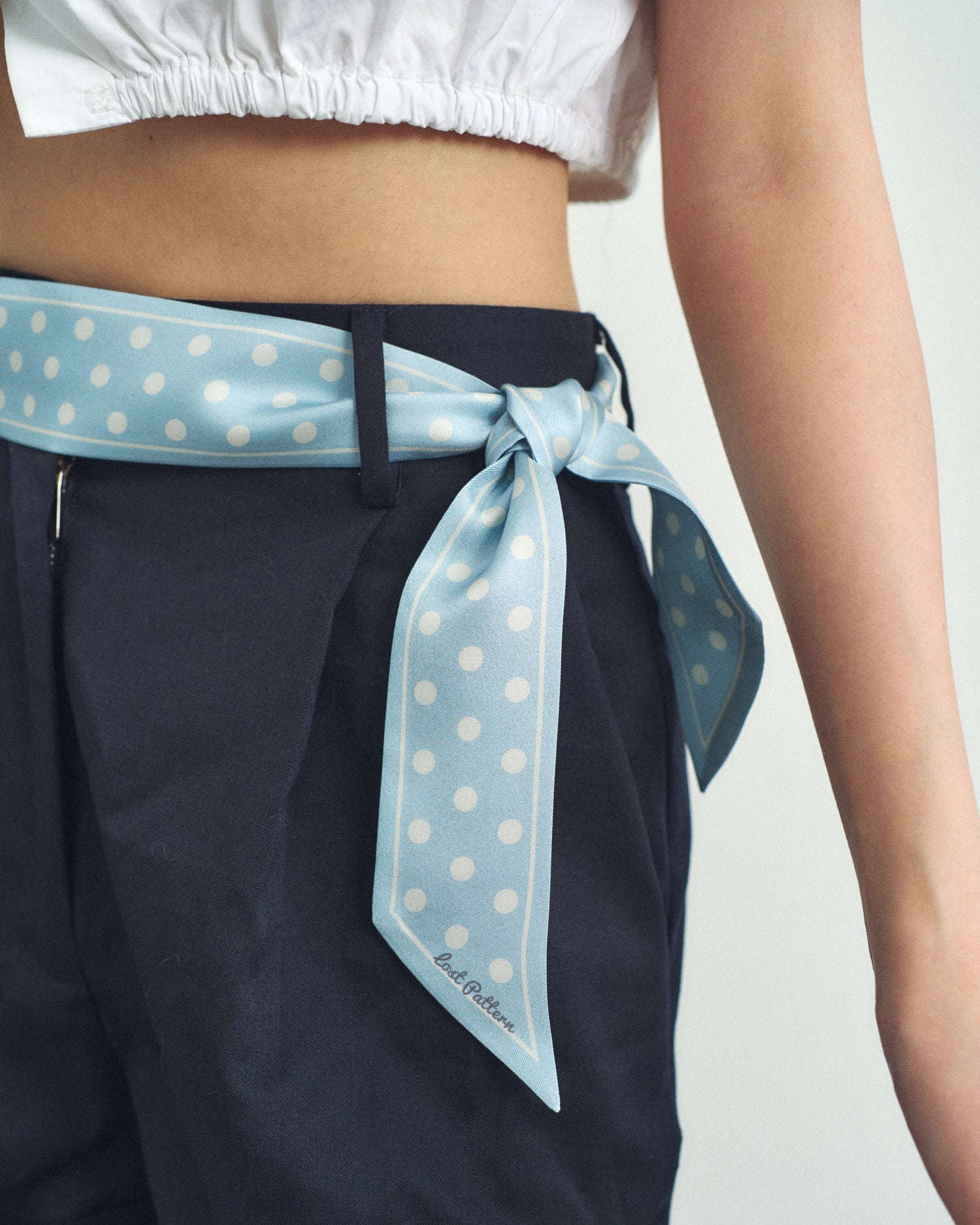 "Retro Polka" Silk Skinny Scarf - Baby Blue