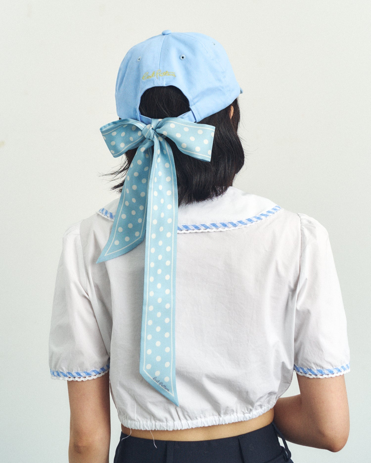 "Retro Polka" Silk Skinny Scarf - Baby Blue
