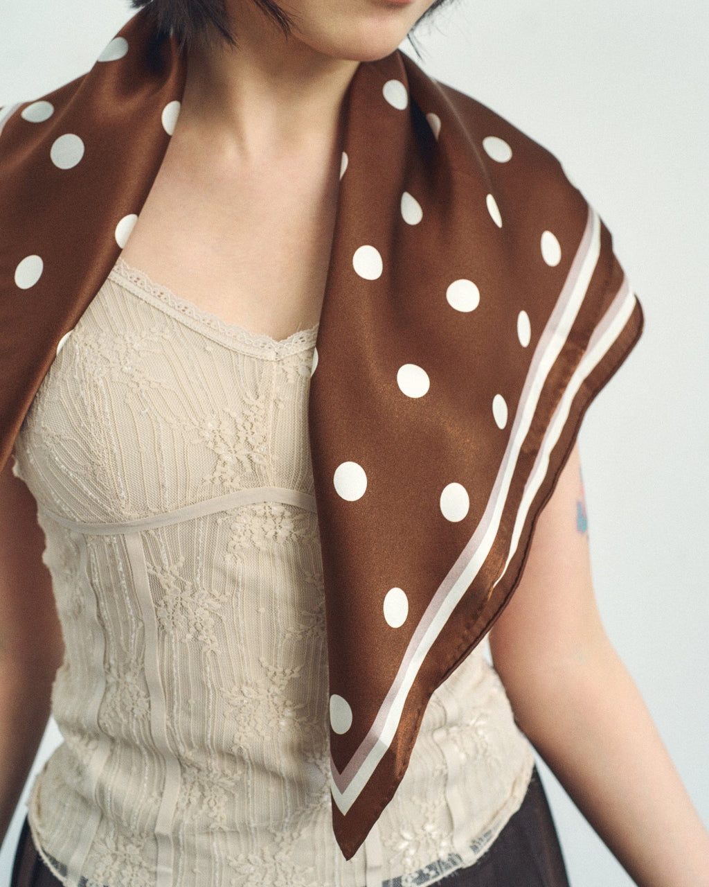 "Retro Polka" Silk Bandana Scarf - Cafe Au Lait
