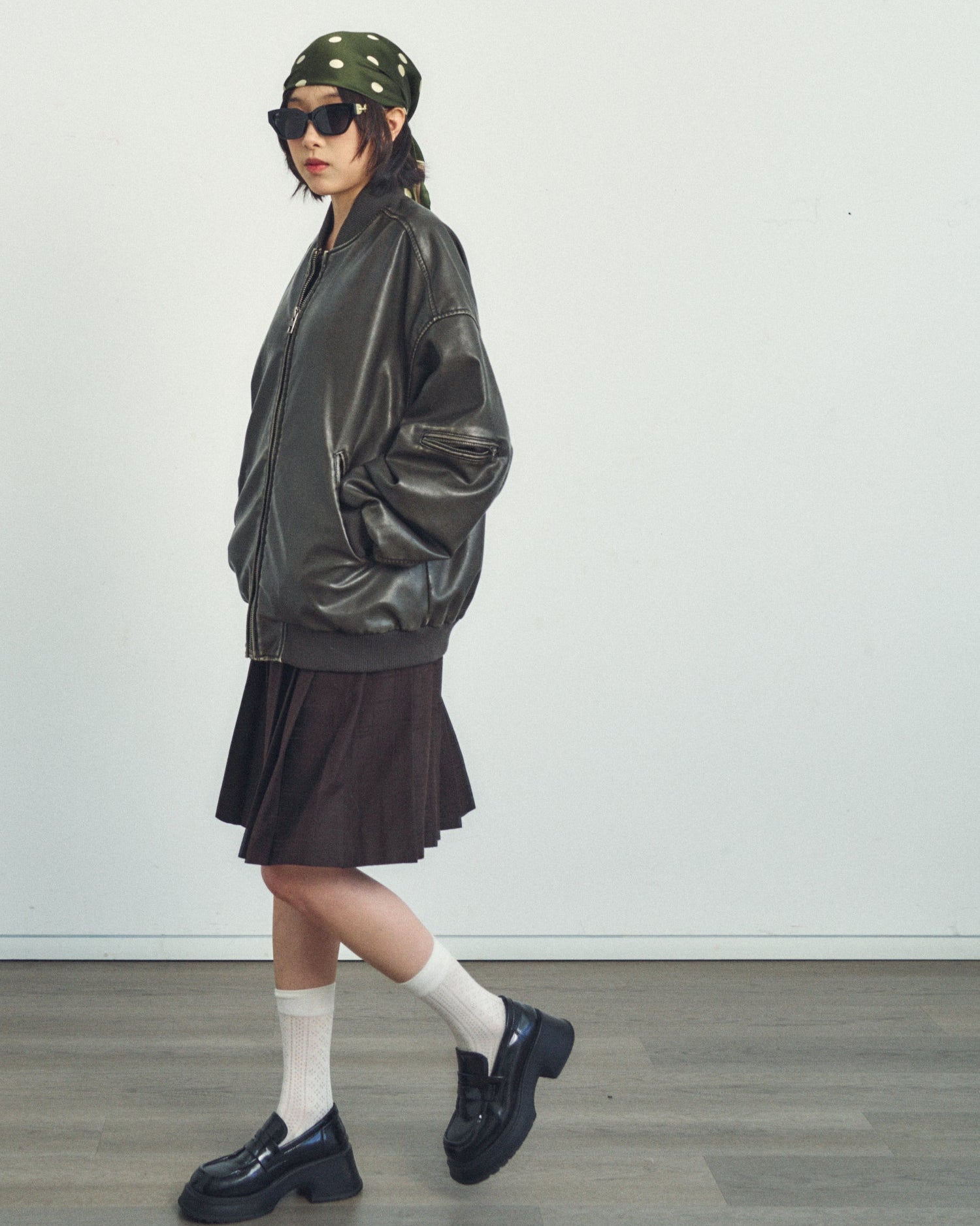 "Retro Polka" Silk Bandana Scarf - Matcha