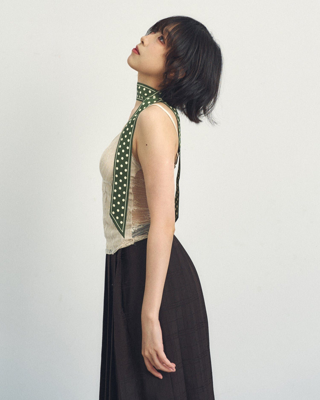 "Retro Polka" Silk Skinny Scarf - Dark Green