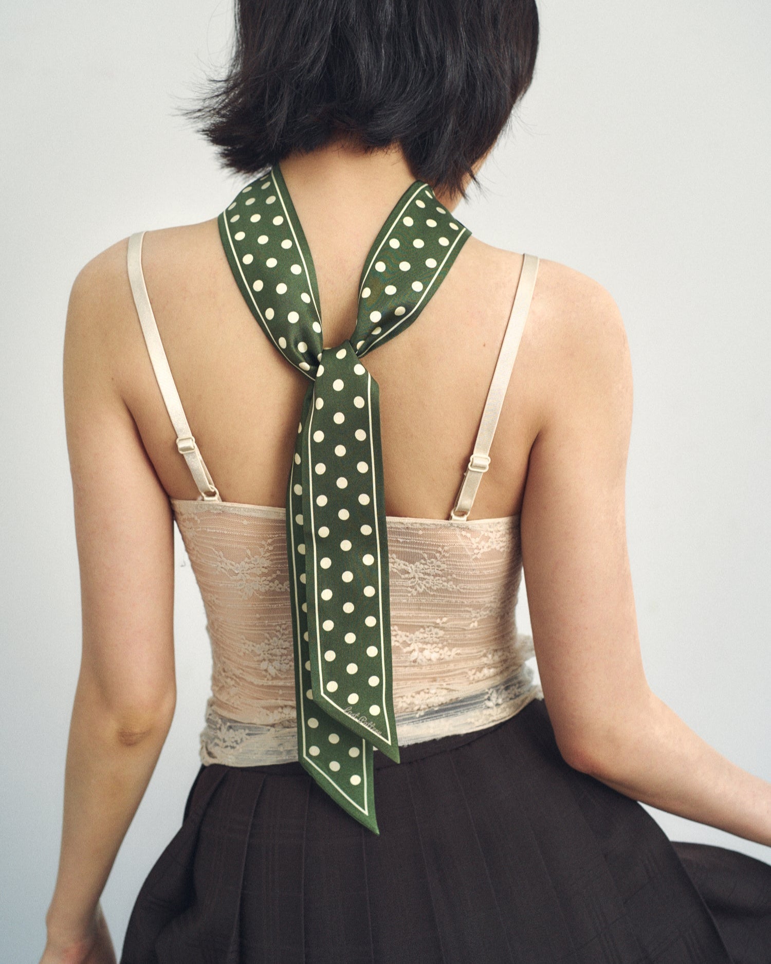 "Retro Polka" Silk Skinny Scarf - Dark Green