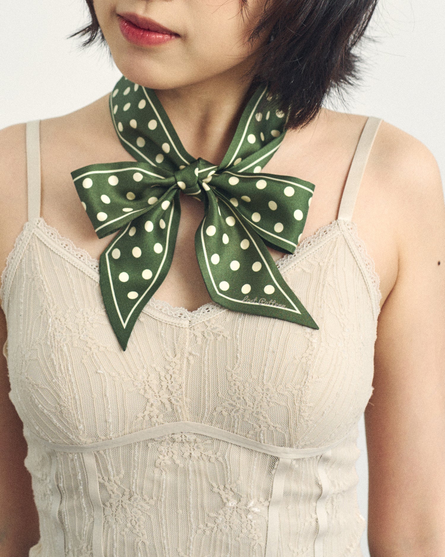 "Retro Polka" Silk Skinny Scarf - Dark Green