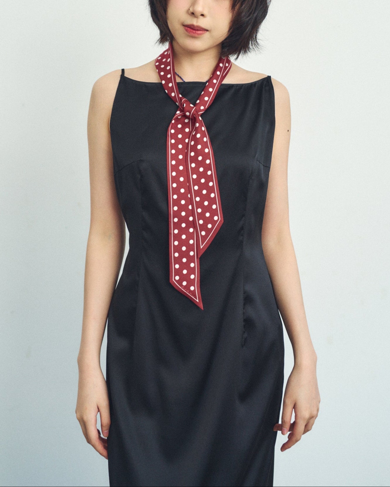 "Retro Polka" Silk Skinny Scarf - Burgundy